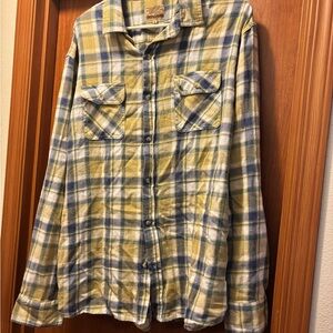 Yellow and Blue Plaid Button-Up Flannel Shirt